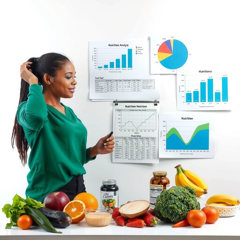 Ernährungsanalyse mit verschiedenen Lebensmitteln und Diagrammen