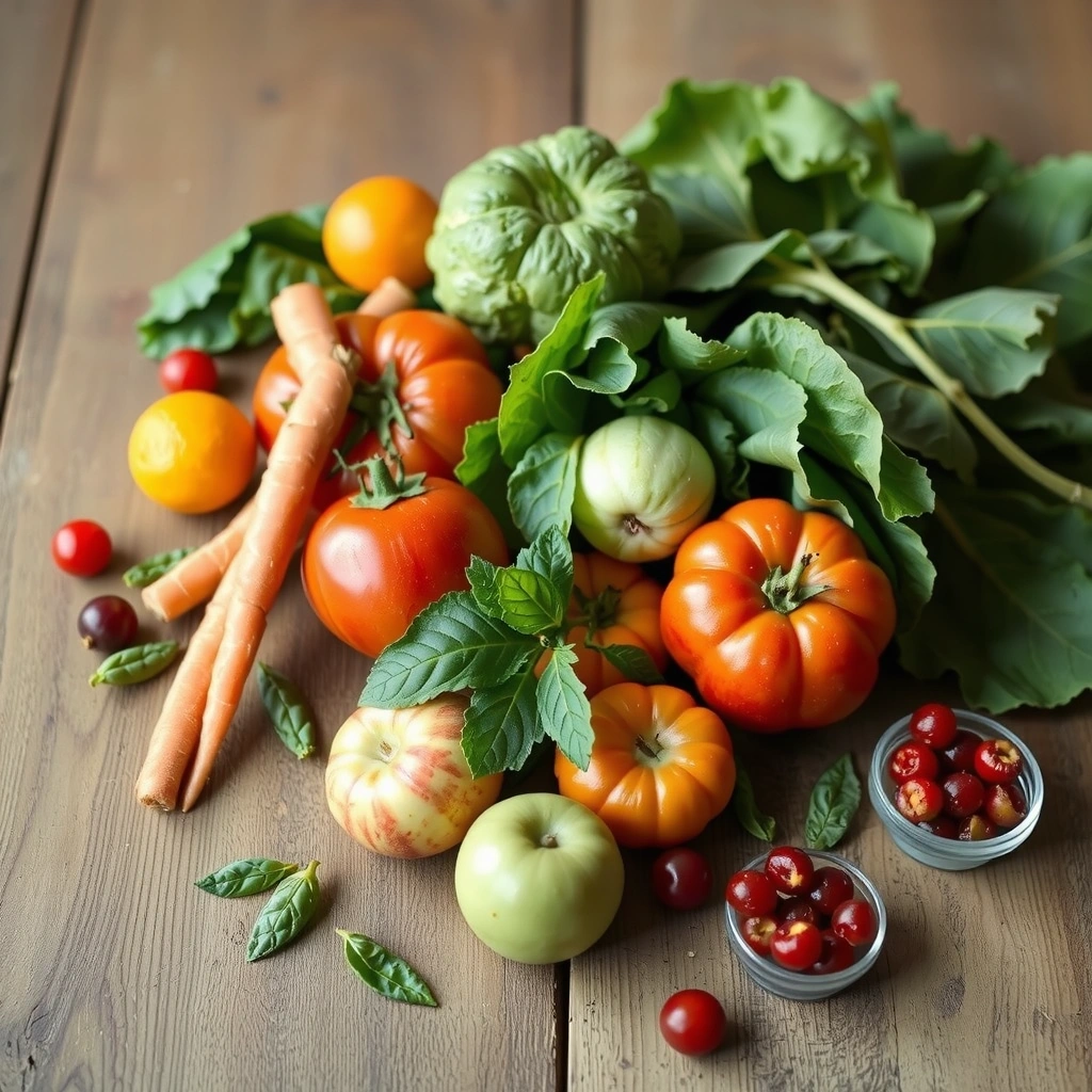 Frisches Gemüse und Obst auf Holztisch arrangiert